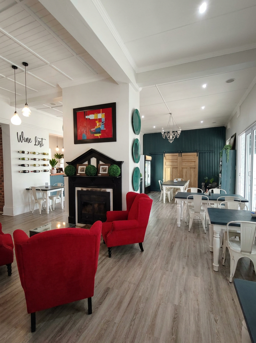 Dining room and fireside lounge at Vinkel & Koljander restaurant in Stutterheim